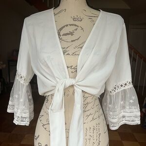 White Lace-Sleeve Tie-Front Women’s Top